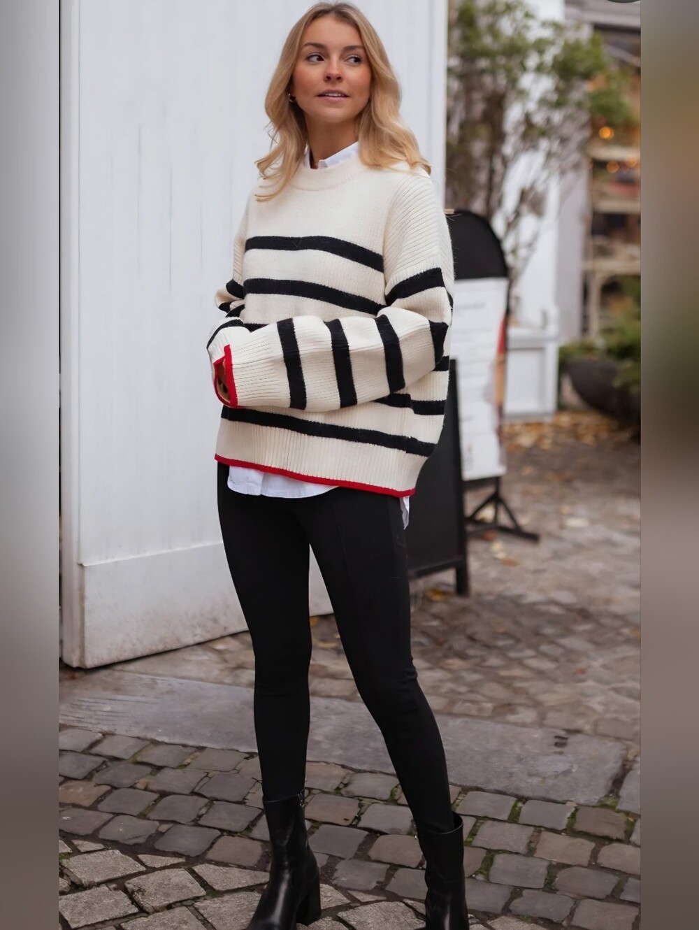 Ariba Striped Cream and Black Knit Sweater with Red Trim